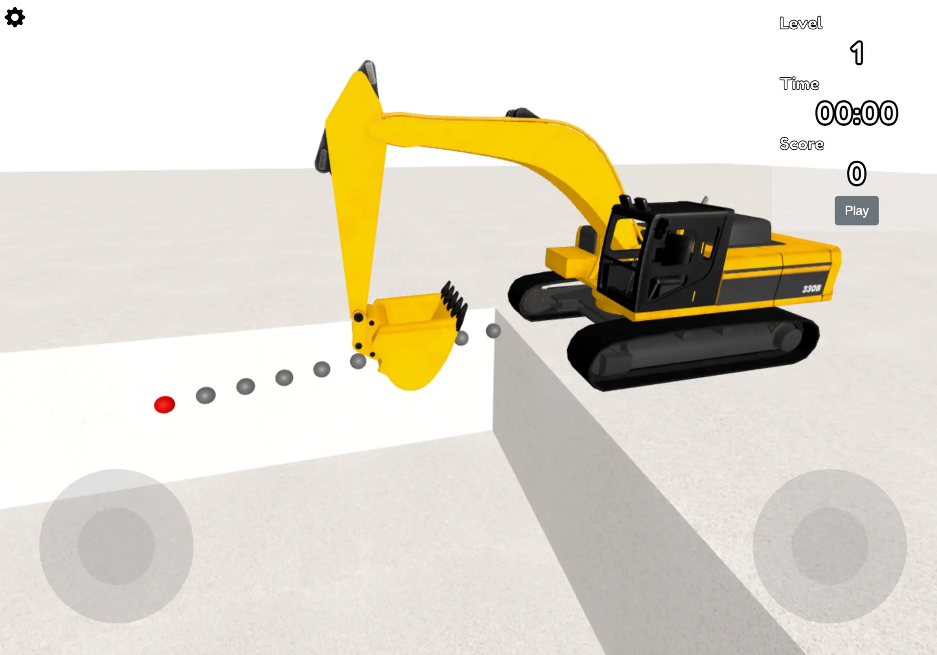 ExcavatorSim 3D simulator showing a yellow excavator tracing a scored path with touch joysticks